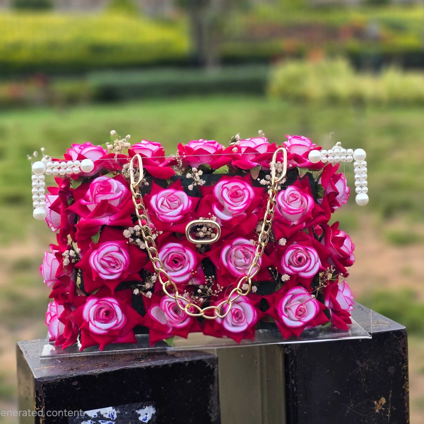 Luxury Hot Pink Rose Acrylic Bouquet Handbag with Pearl Handle | Customizable Gift (30x18 cm)