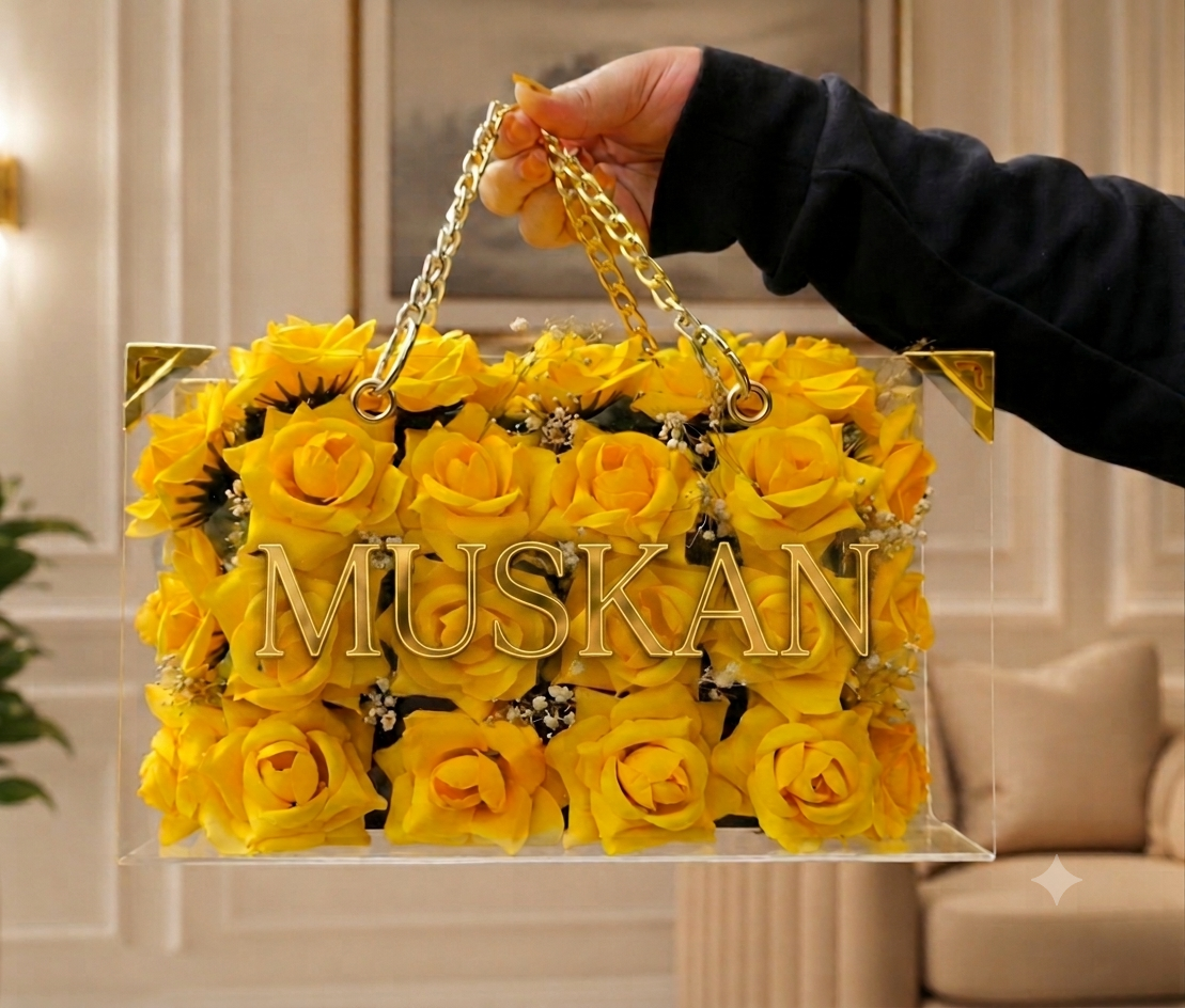 Luxury Yellow Rose Acrylic bouque with Custom Gold Name