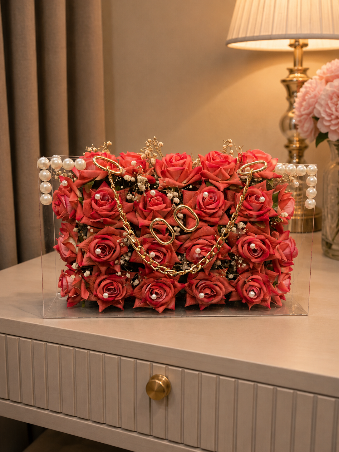 Luxury Floral Handbag – Dusty Coral Roses with Pearl Accents (30x18 cm)