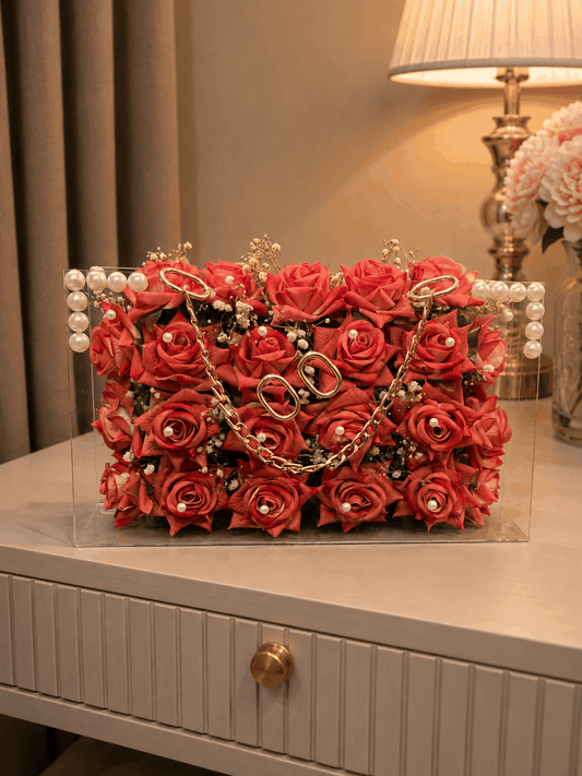 Luxury Acrylic Floral Handbag – Dusty Coral Roses with Pearl Accents | Customizable Gift (30x18 cm)