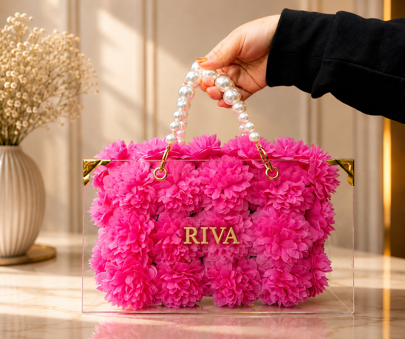 Personalized Acrylic Floral Bag with Pearl Handle – Vibrant Pink