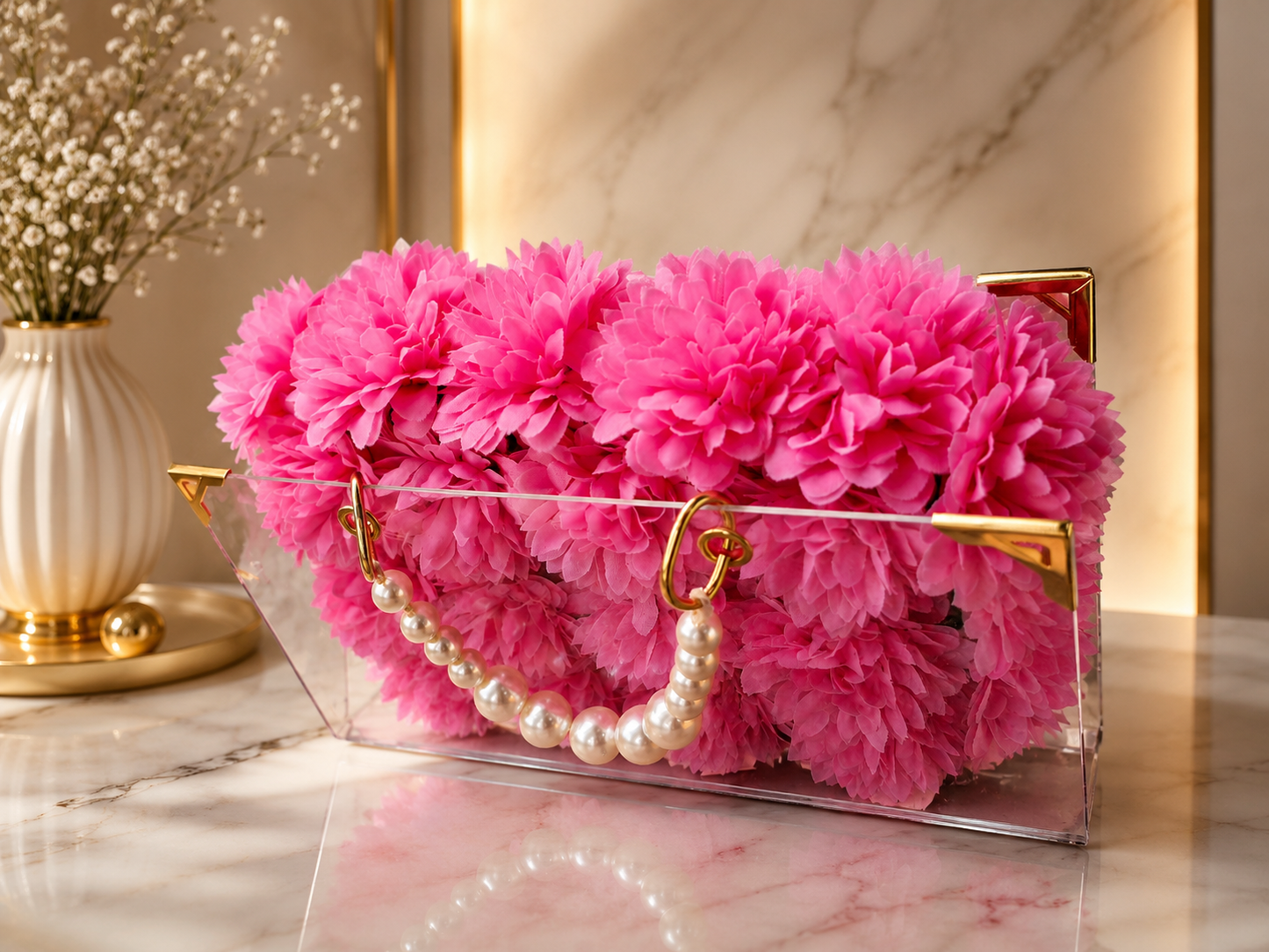 Personalized Acrylic Floral Bag with Pearl Handle – Vibrant Pink