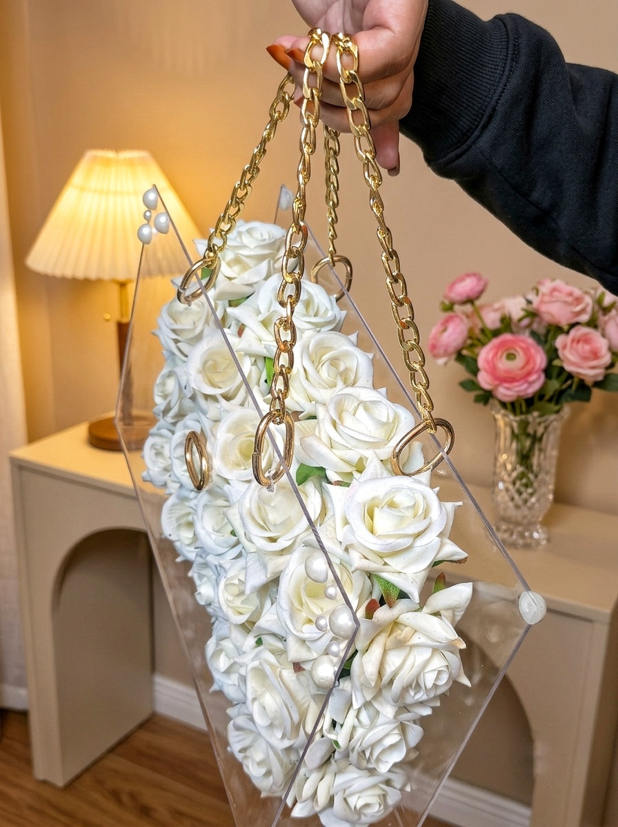 Luxury Floral Handbag – Pristine White Roses with Pearl Edges (30x18 cm)