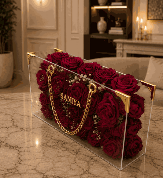 Luxury Acrylic Maroon Rose Bouquet with Custom Gold Name | Personalized Gift (30x18 cm)