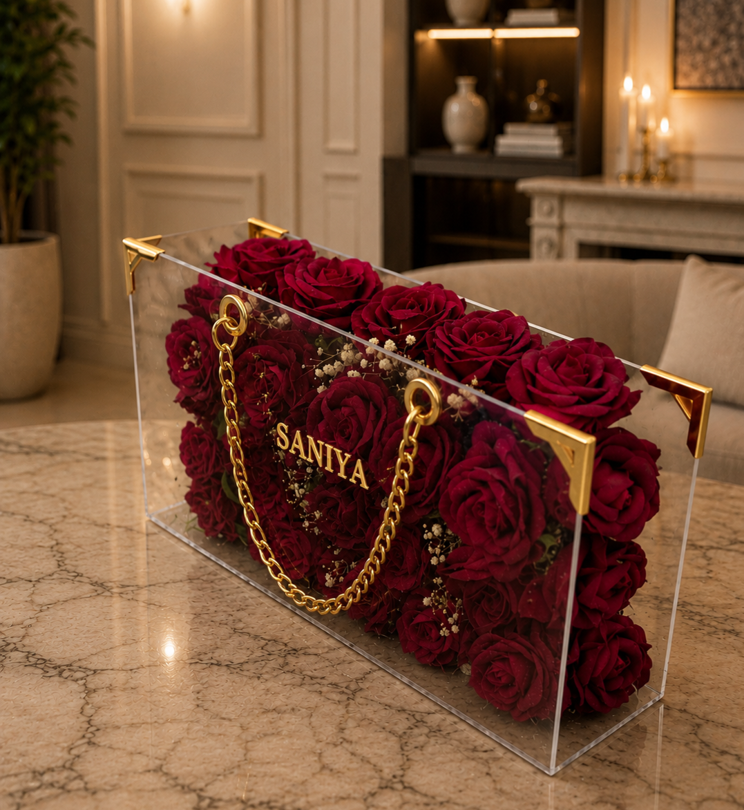 Luxury Acrylic Rose Bouquet with Custom Gold Name