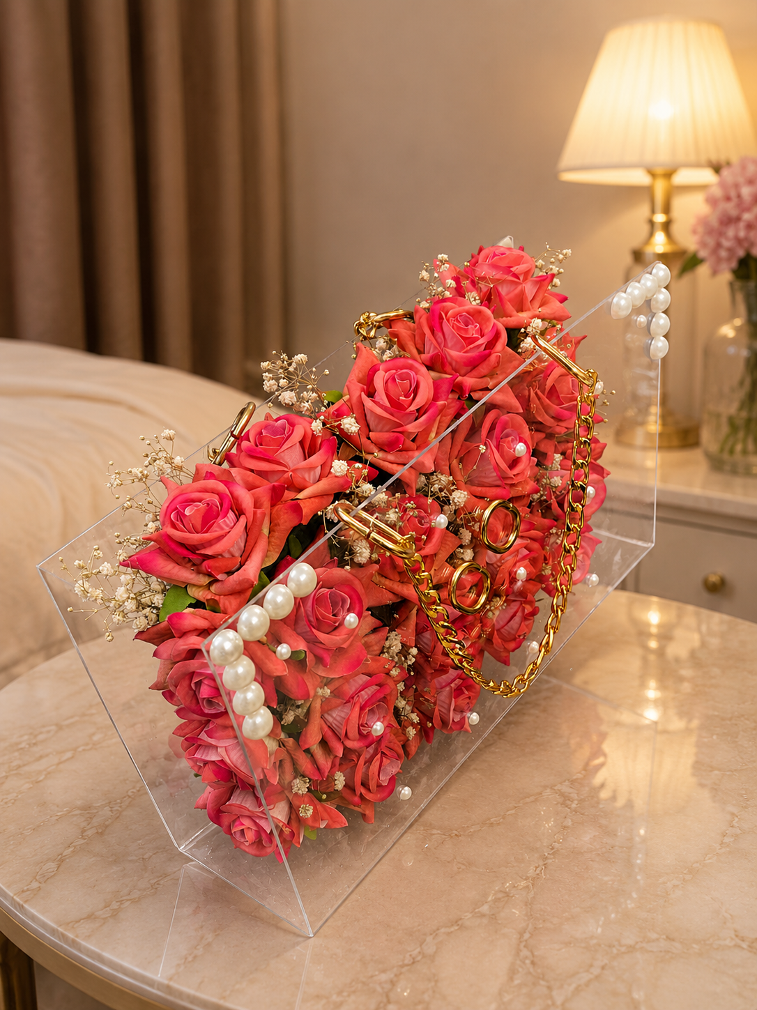 Luxury Floral Handbag – Dusty Coral Roses with Pearl Accents (30x18 cm)