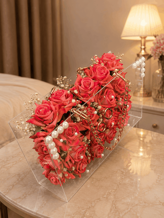 Luxury Acrylic Floral Handbag – Dusty Coral Roses with Pearl Accents | Customizable Gift (30x18 cm)