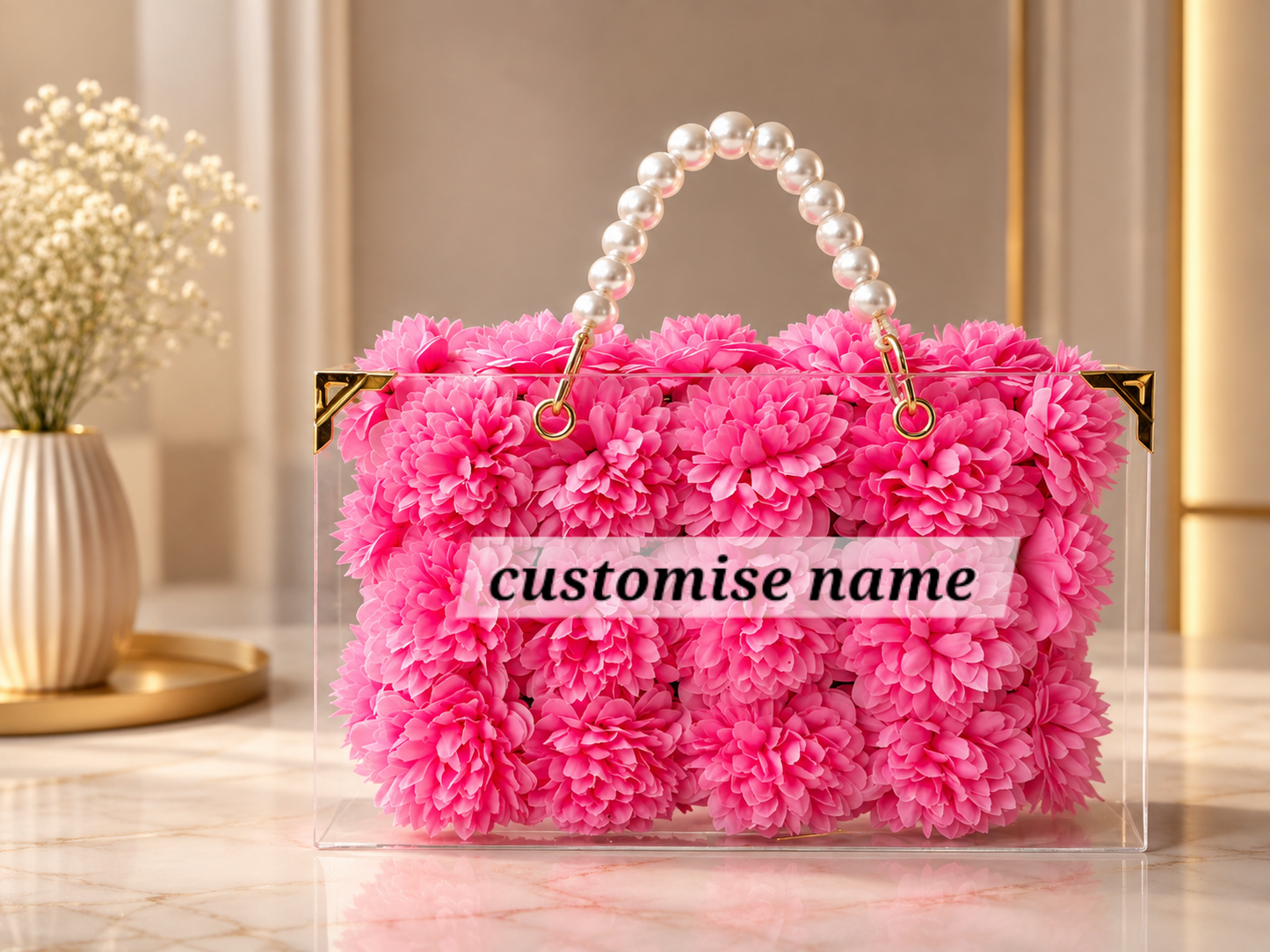 Personalized Acrylic Floral Bag with Pearl Handle – Vibrant Pink