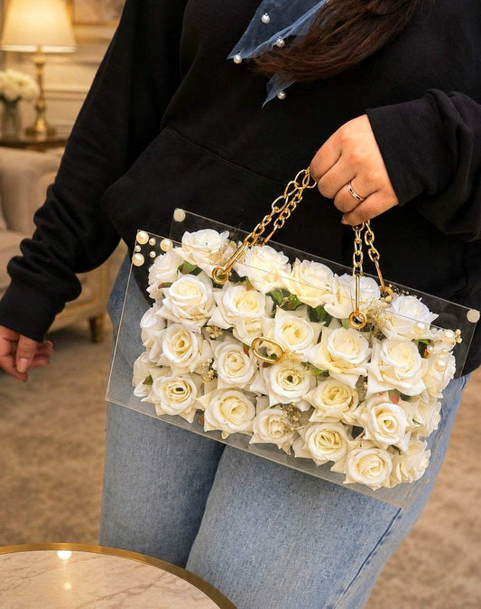 Luxury Acrylic Floral Bouquet – Pristine White Roses with Pearl Edges | Customizable Gift (30x18 cm)