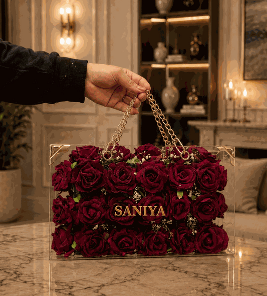 Luxury Acrylic Maroon Rose Bouquet with Custom Gold Name | Personalized Gift (30x18 cm)