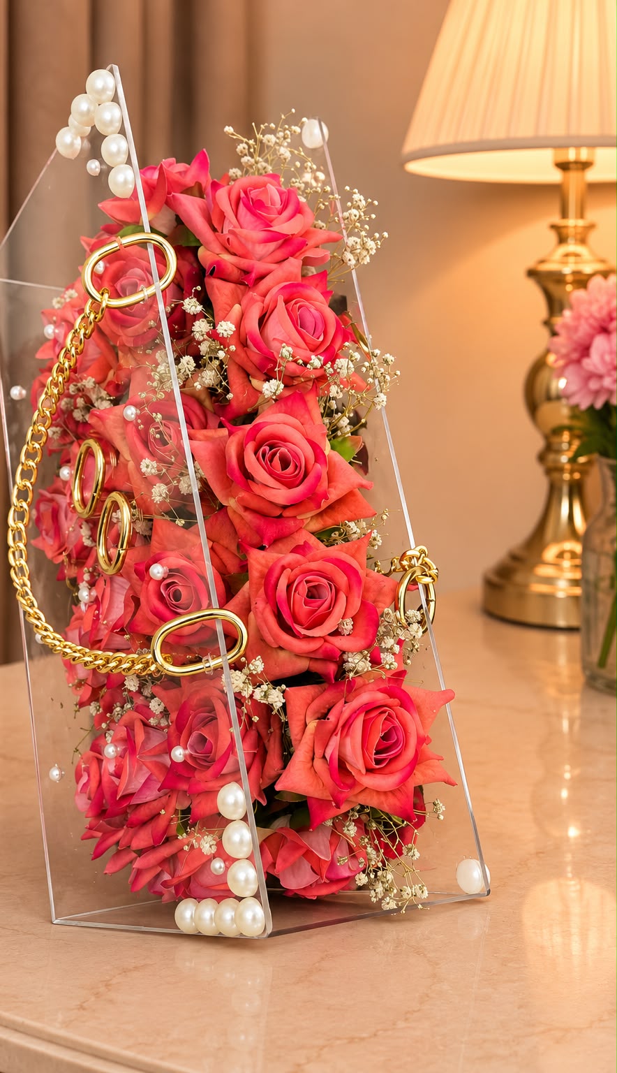 Luxury Floral Handbag – Dusty Coral Roses with Pearl Accents (30x18 cm)